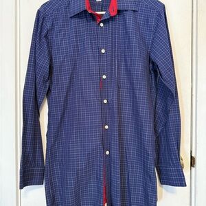 Men's Paul Frederick Blue Checkered Long‎ Sleeve Shirt with Red Accents.